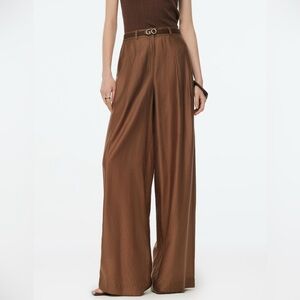GOELIA TENSEL BLEND WIDE LEG PANTS WITH GO LETTER LEATHER BELT BROWN - 6